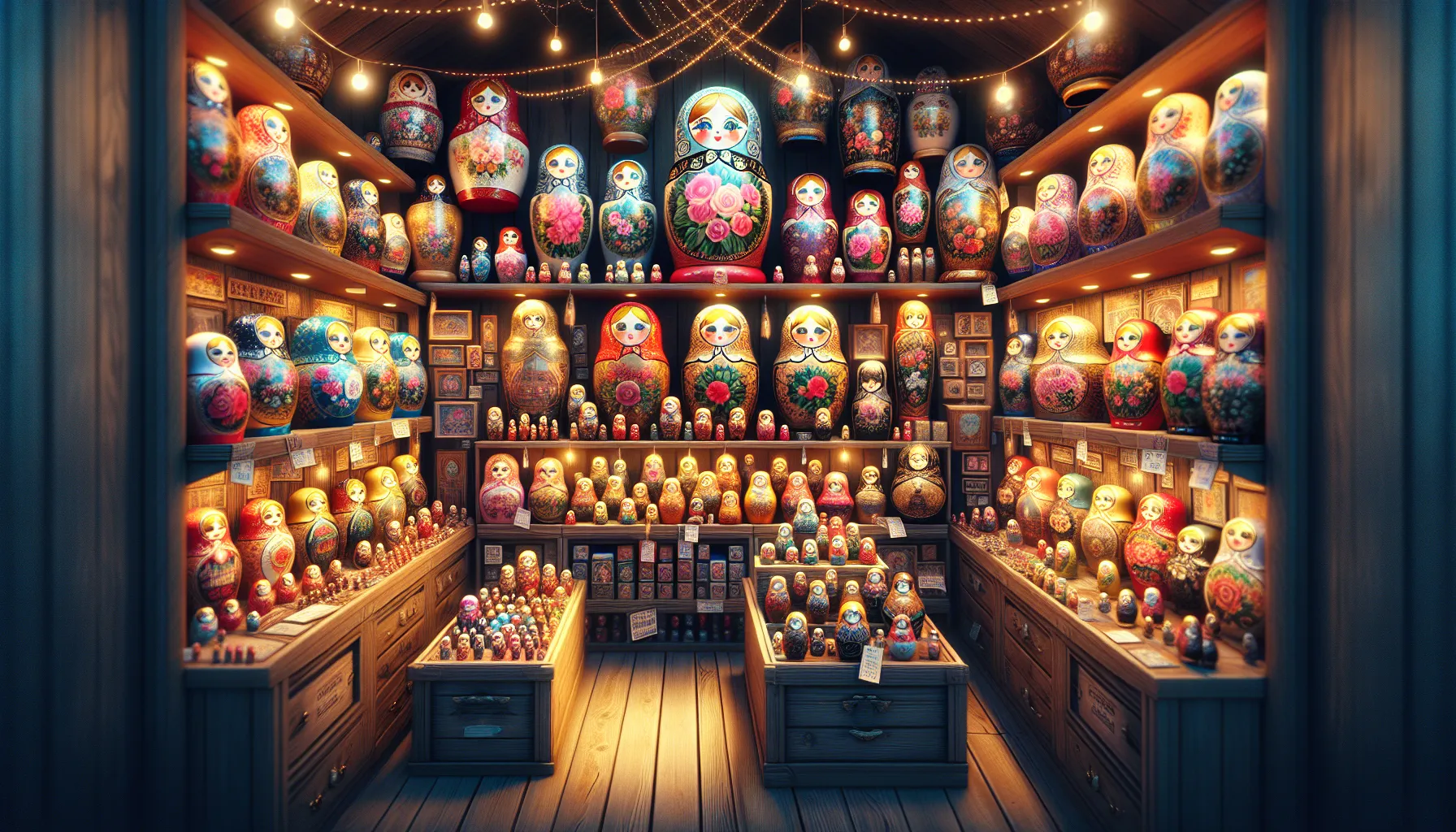 Boutique de souvenirs russes presentant des matriochkas de differents styles et prix